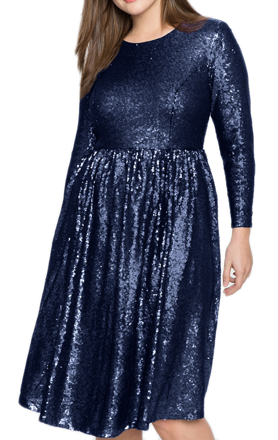 MACloth Langärmliges Pailletten Midi Cocktail Partykleid Dunkelmarine Abendkleid