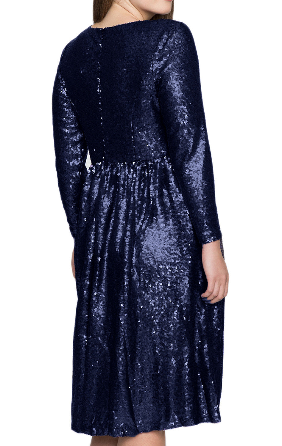 MACloth Langärmliges Pailletten Midi Cocktail Partykleid Dunkelmarine Abendkleid