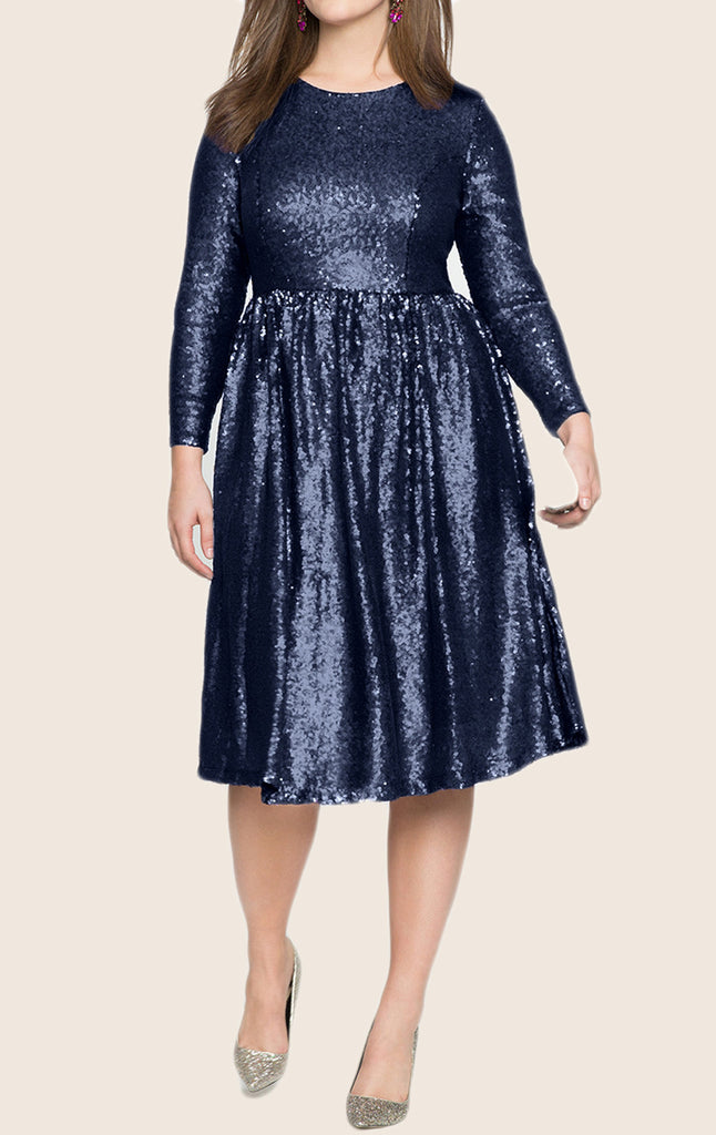 MACloth Long Sleeves Sequin Midi Cocktail Party Dress Dark Navy Formal Gown
