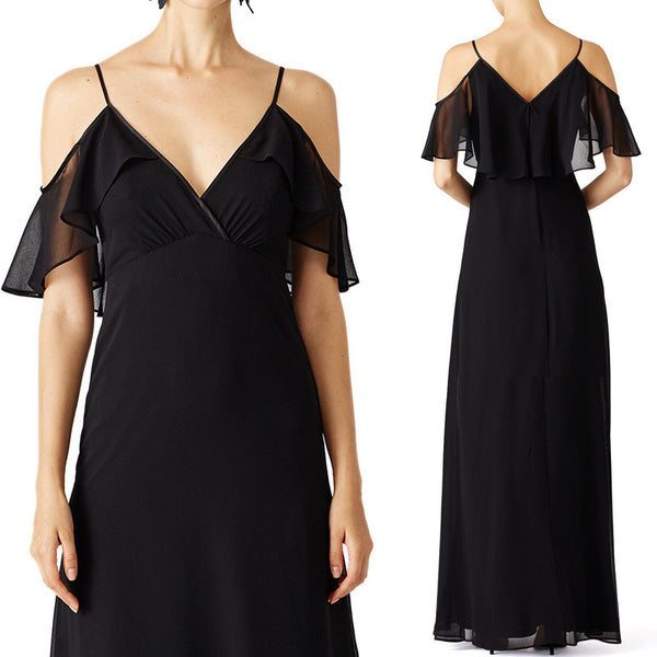 MACloth V Neck Off the Shoulder Chiffon Long Simple Prom Dress Black Formal Gown