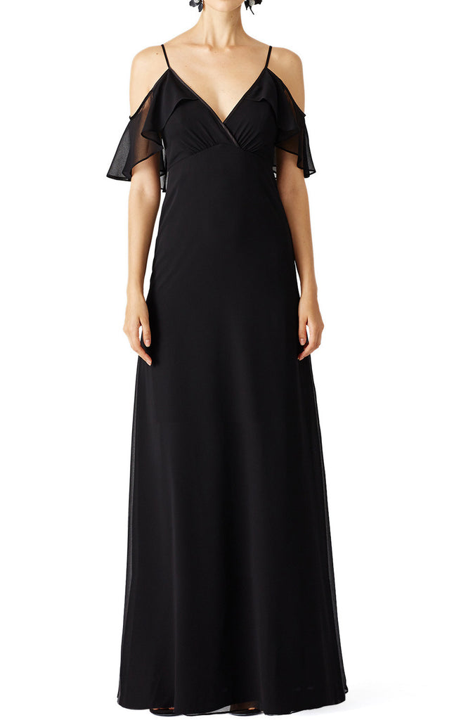 MACloth V Neck Off the Shoulder Chiffon Long Simple Prom Dress Black Formal Gown