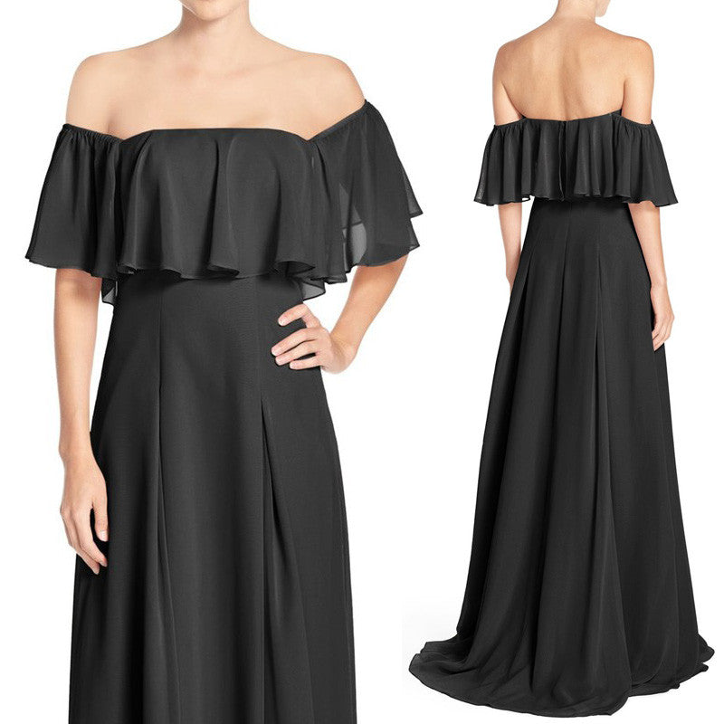 MACloth Schulterfreies Chiffon-Brautjungfernkleid, lang, schwarz, Abendkleid