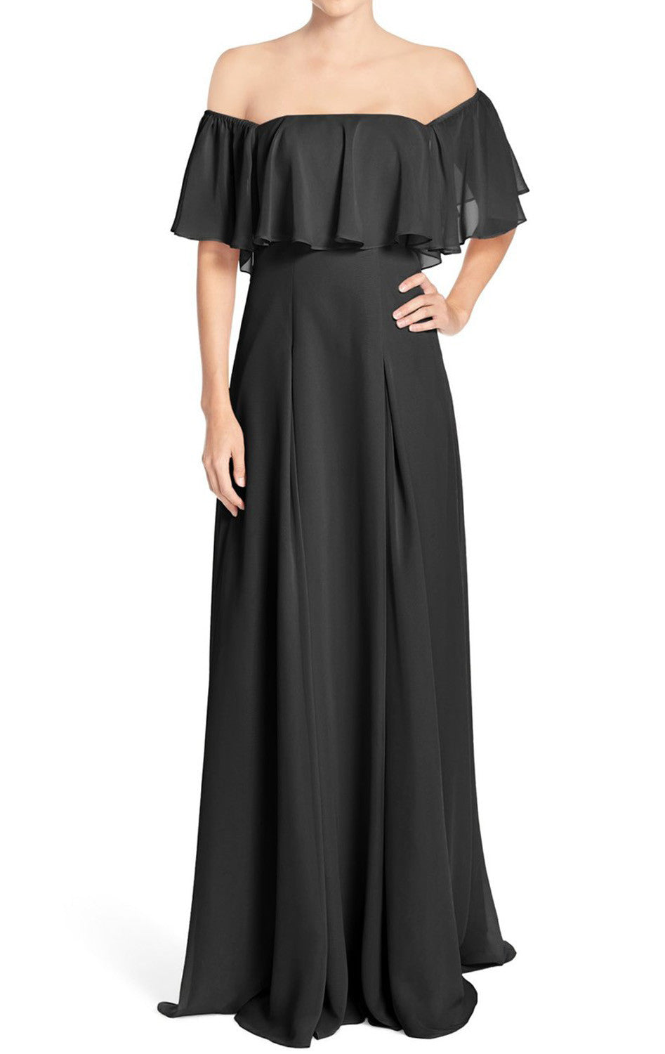 MACloth Off the Shoulder Chiffon Long Bridesmaid Dress Black Evening Formal Gown Custom Color / Above Knee / US10