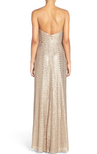 MACloth Straps V Neck Sequin Long Bridesmaid Dress Rose Gold Formal Gown