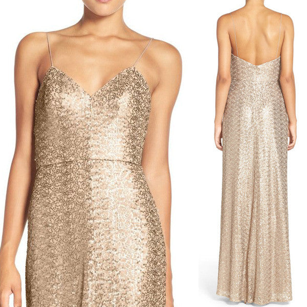 MACloth Straps V Neck Sequin Long Bridesmaid Dress Rose Gold Formal Gown