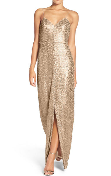 MACloth Straps V Neck Sequin Long Bridesmaid Dress Rose Gold Formal Gown