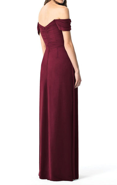 MACloth Off the Shoulder Chiffon Long Bridesmaid Dress Burgundy Simple Prom Gown