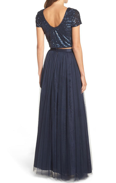 MACloth Two Piece Cap Sleeves Sequin Tulle Long Bridesmaid Dress Dark Navy Formal Gown