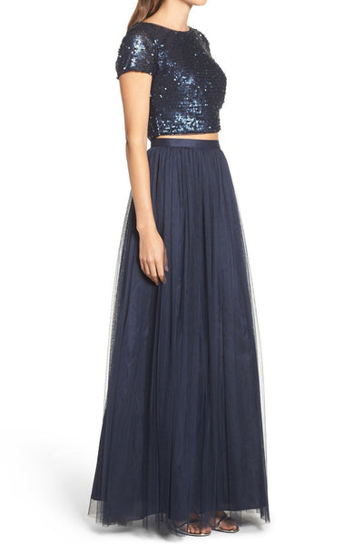 MACloth Two Piece Cap Sleeves Sequin Tulle Long Bridesmaid Dress Dark Navy Formal Gown