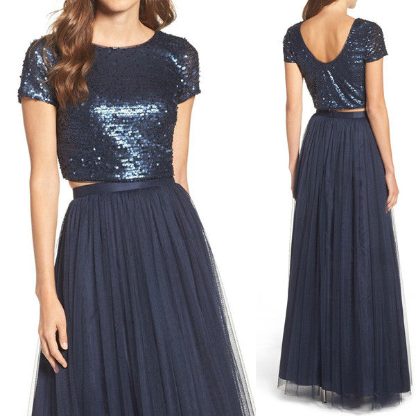 MACloth Two Piece Cap Sleeves Sequin Tulle Long Bridesmaid Dress Dark Navy Formal Gown