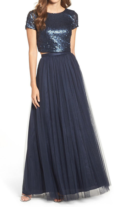 MACloth Two Piece Cap Sleeves Sequin Tulle Long Bridesmaid Dress Dark Navy Formal Gown