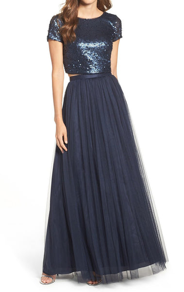 MACloth Two Piece Cap Sleeves Sequin Tulle Long Bridesmaid Dress Dark Navy Formal Gown