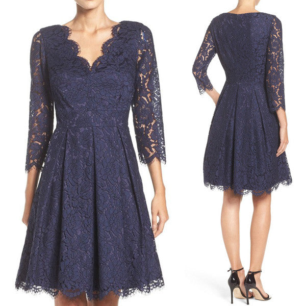MACloth Half Sleeves V Neck Lace Dark Navy Cocktail Dress