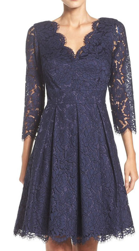 MACloth Half Sleeves V Neck Lace Dark Navy Cocktail Dress
