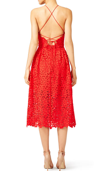 MACloth Straps V neck Lace Tea Length Cocktail Dress Red Formal Gown