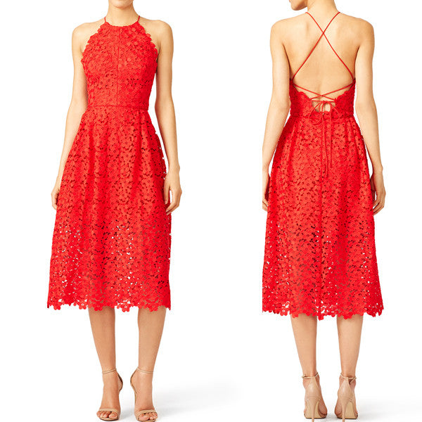 MACloth Straps V neck Lace Tea Length Cocktail Dress Red Formal Gown