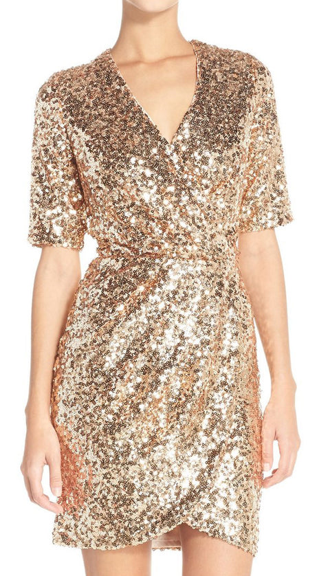 MACloth Short Sleeves V Neck Sequin Rose Gold Cocktail Dress Wedding Party Formal Gown