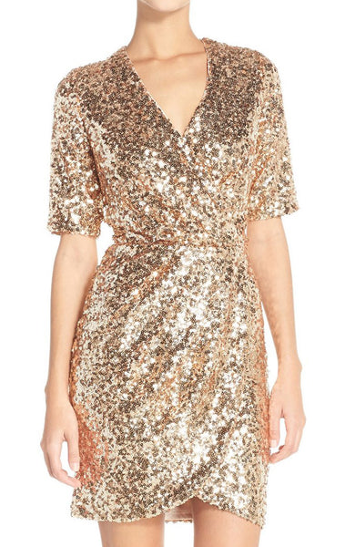 MACloth Short Sleeves V Neck Sequin Rose Gold Cocktail Dress Wedding Party Formal Gown