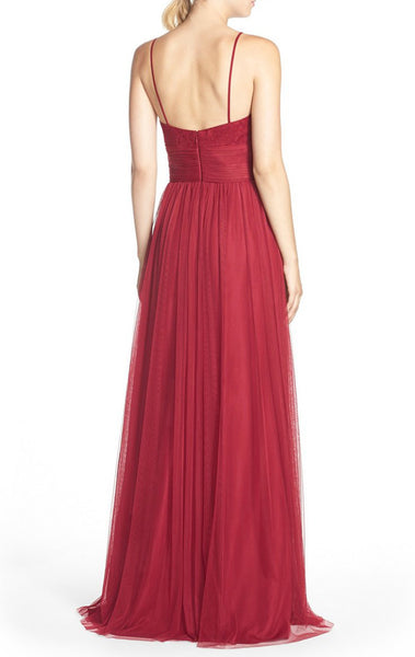 MACloth Straps V Neck Lace Tulle Long Bridesmaid Dress Red Formal Gown