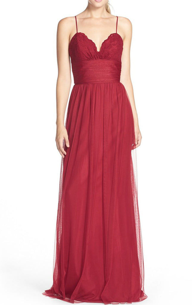 MACloth Straps V Neck Lace Tulle Long Bridesmaid Dress Red Formal Gown