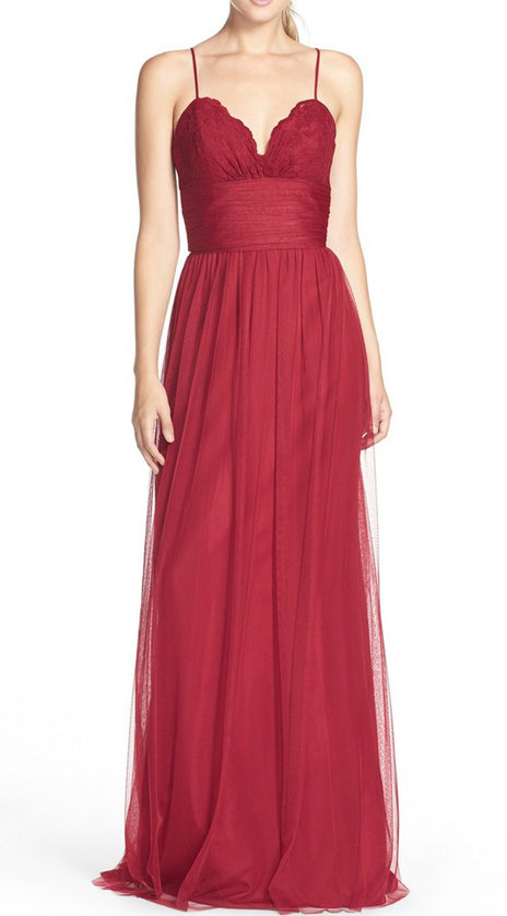 MACloth Straps V Neck Lace Tulle Long Bridesmaid Dress Red Formal Gown
