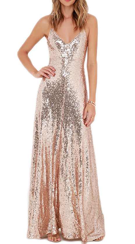 MACloth Spaghetti Straps V Neck Sequin Formal Dress Rose Gold Bridesmaid Dress