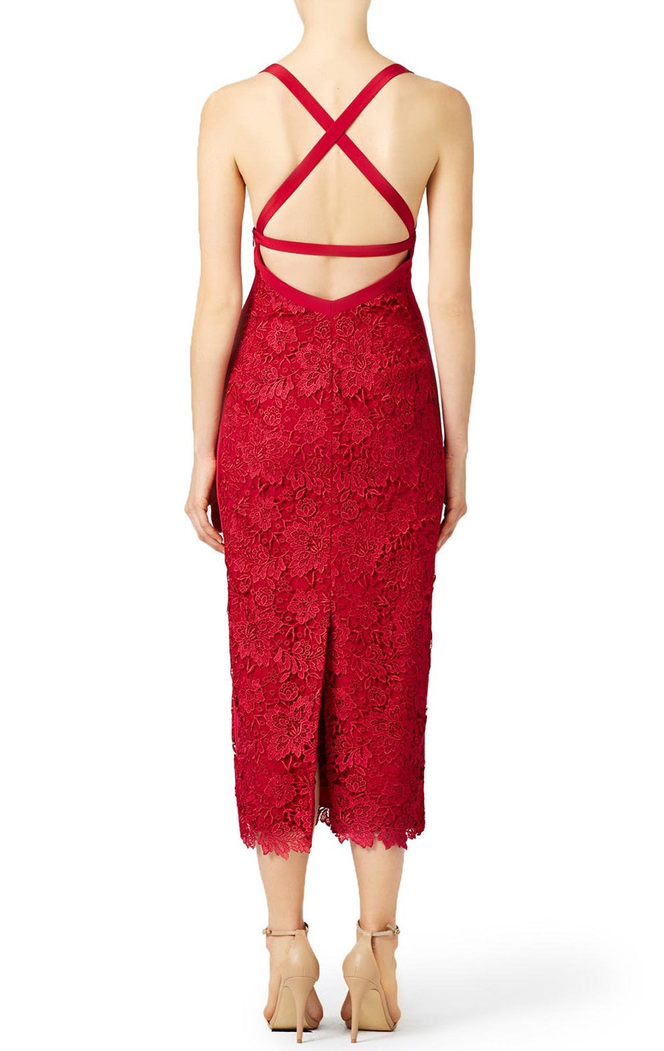 MACloth Straps Sexy Red Lace Cocktail Dress Midi Formal Gown Red / Tea Length / US4