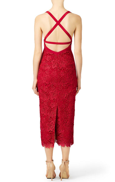 MACloth Straps Sexy Red Lace Cocktail Dress Midi Formal Gown