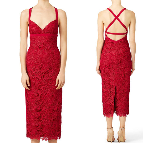 MACloth Straps Sexy Red Lace Cocktail Dress Midi Formal Gown