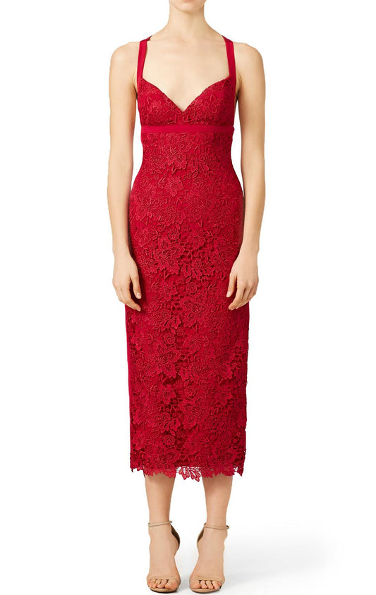 Vestido de cóctel de encaje rojo sexy con tirantes MACloth Vestido formal midi