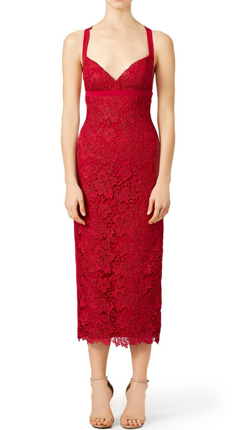 MACloth Straps Sexy Red Lace Cocktail Dress Midi Formal Gown