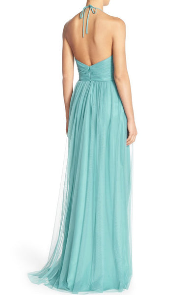 MACloth Halter V Neck Tulle Long Prom Dress Turquoise Formal Evening Gown