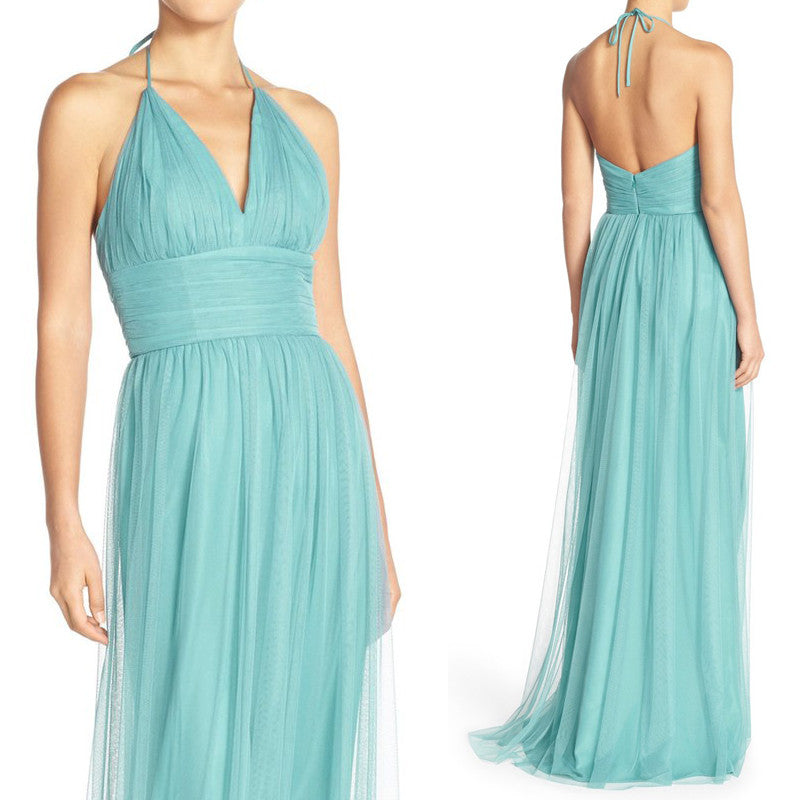 Vestido de fiesta largo de tul con escote en V y cuello halter de MACloth, vestido de noche formal color turquesa