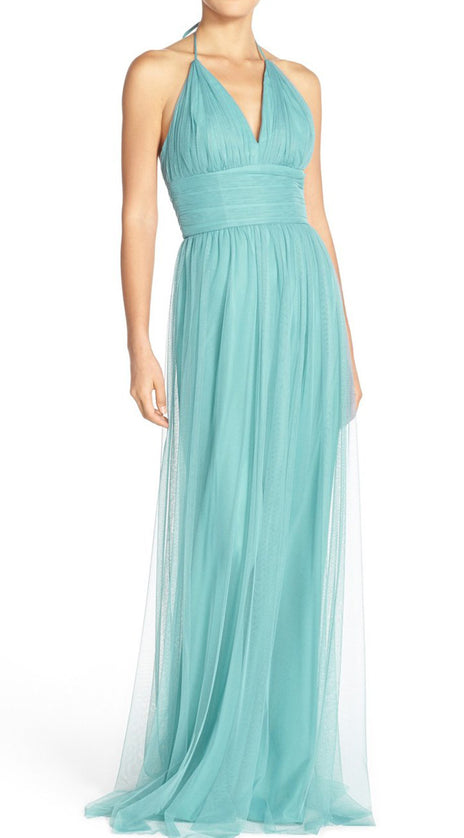 MACloth Halter V Neck Tulle Long Prom Dress Turquoise Formal Evening Gown
