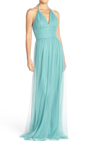 MACloth Halter V Neck Tulle Long Prom Dress Turquoise Formal Evening Gown