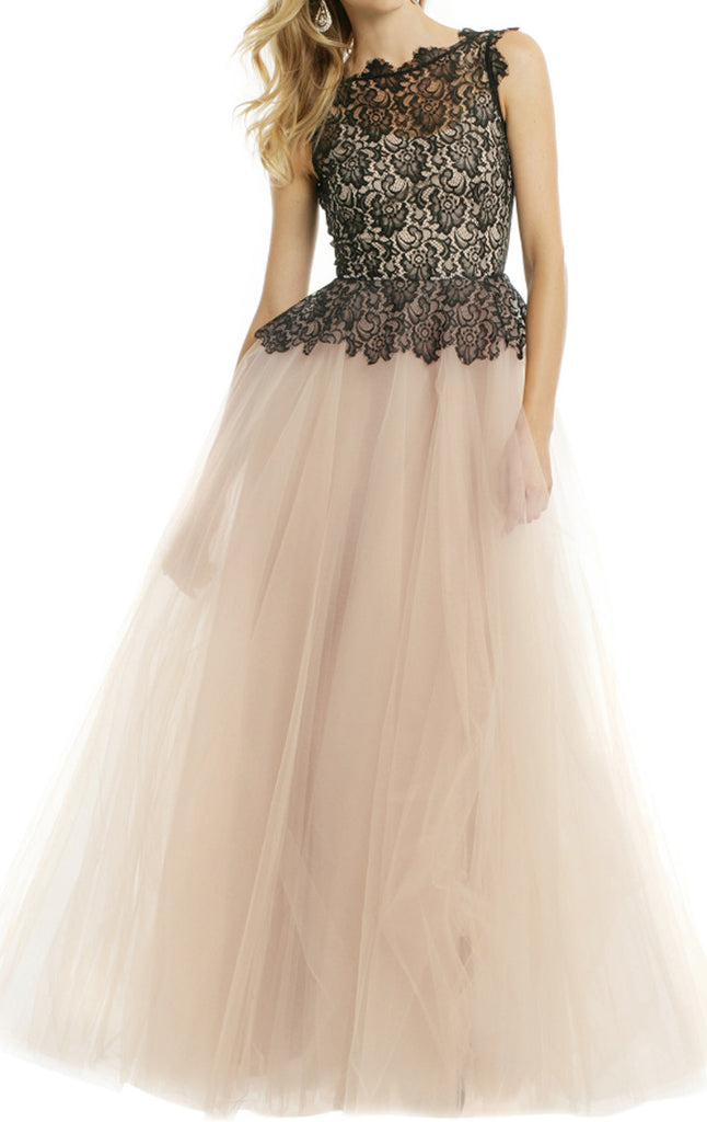MACloth O Neck Lace Tulle Long Prom Dress Champagne Black Ball Gown