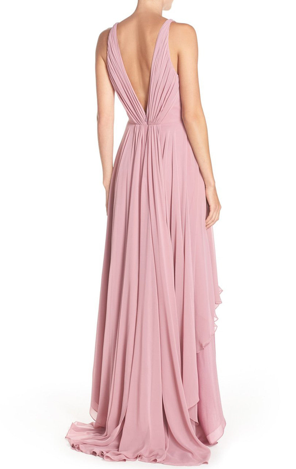 MACloth Deep V Neck Chiffon High Low Formal Gown Pearl Pink Prom Dress