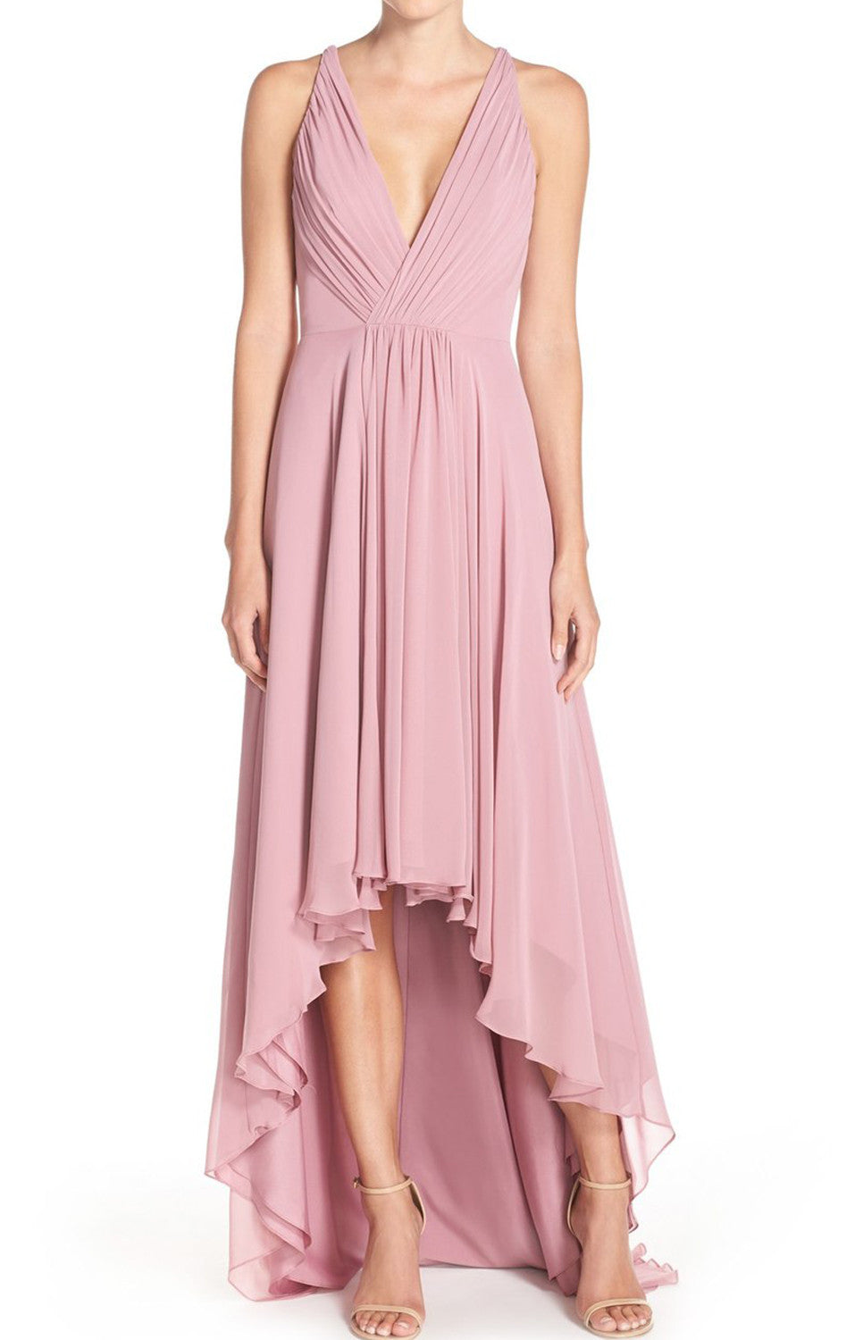 MACloth Deep V Neck Chiffon High Low Formal Gown Pearl Pink Prom Dress
