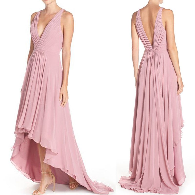 MACloth Deep V Neck Chiffon High Low Formal Gown Pearl Pink Prom Dress