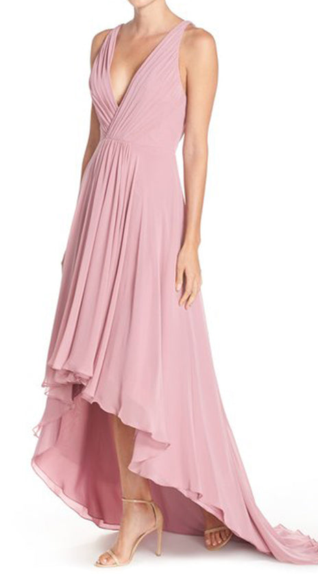 MACloth Deep V Neck Chiffon High Low Formal Gown Pearl Pink Prom Dress