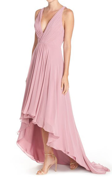 MACloth Deep V Neck Chiffon High Low Formal Gown Pearl Pink Prom Dress