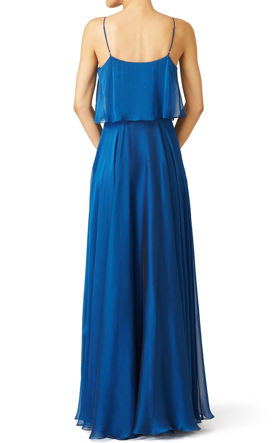 MACloth Spaghettiträger Stufen Chiffon Langes Brautjungfernkleid Schlichtes Ballkleid