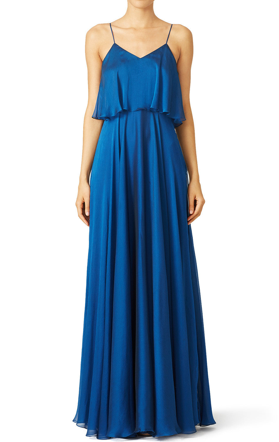 MACloth Spaghettiträger Stufen Chiffon Langes Brautjungfernkleid Schlichtes Ballkleid