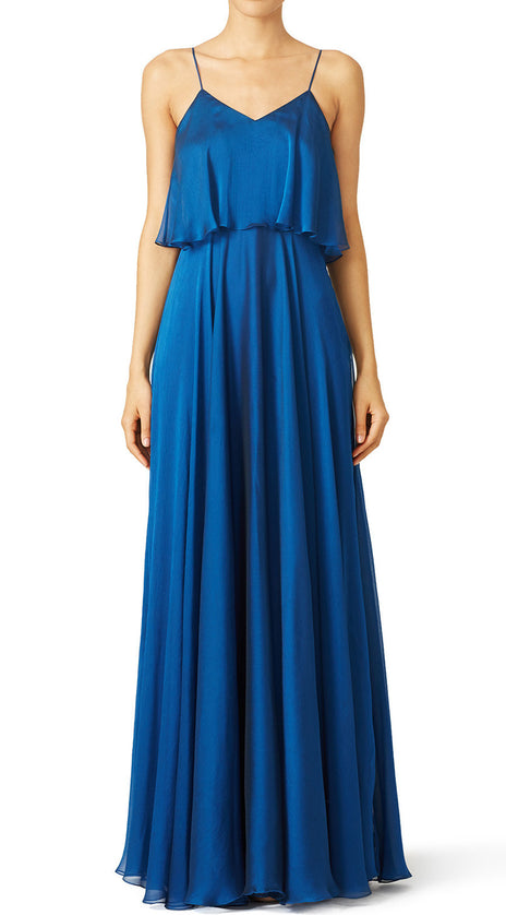 MACloth Spaghetti Straps Tiered Chiffon Long Bridesmaid Dress Simple Prom Gown