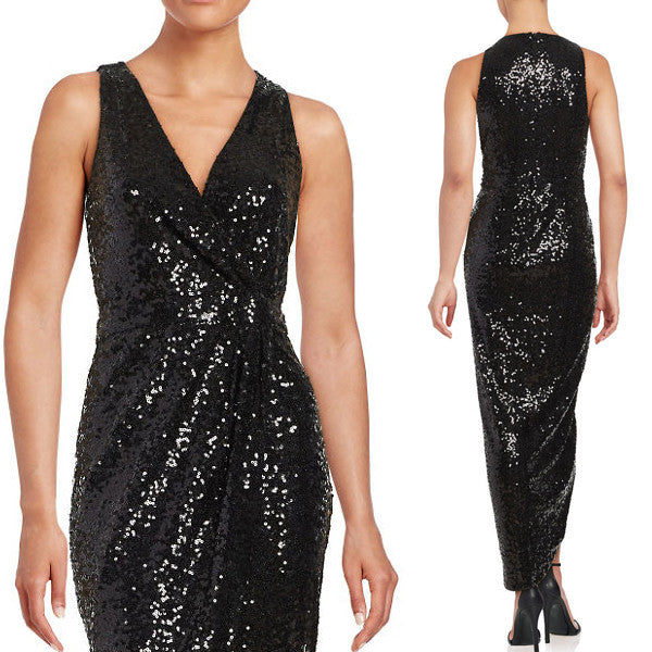 Vestido de dama de honor con escote en V, tirantes finos y lentejuelas, color negro, para noche formal