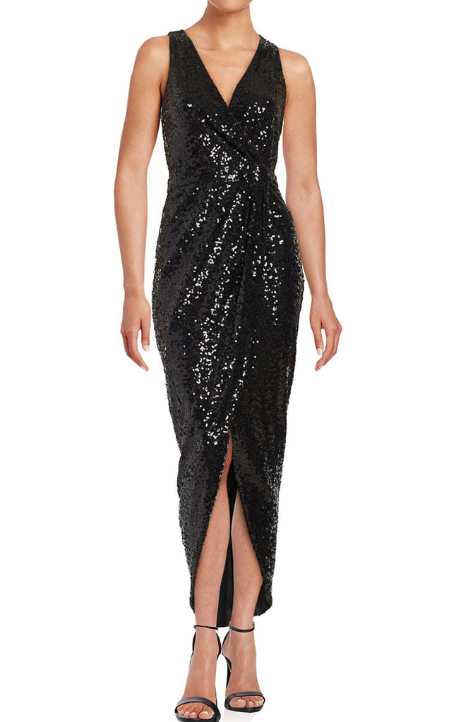 MACloth Straps V Neck Hi-Lo Bridesmaid Dress Sequin Black Evening Formal Gown