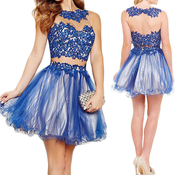 MACloth Straps Mini Prom Homecoming Dress Royal Blue Lace Formal Gown