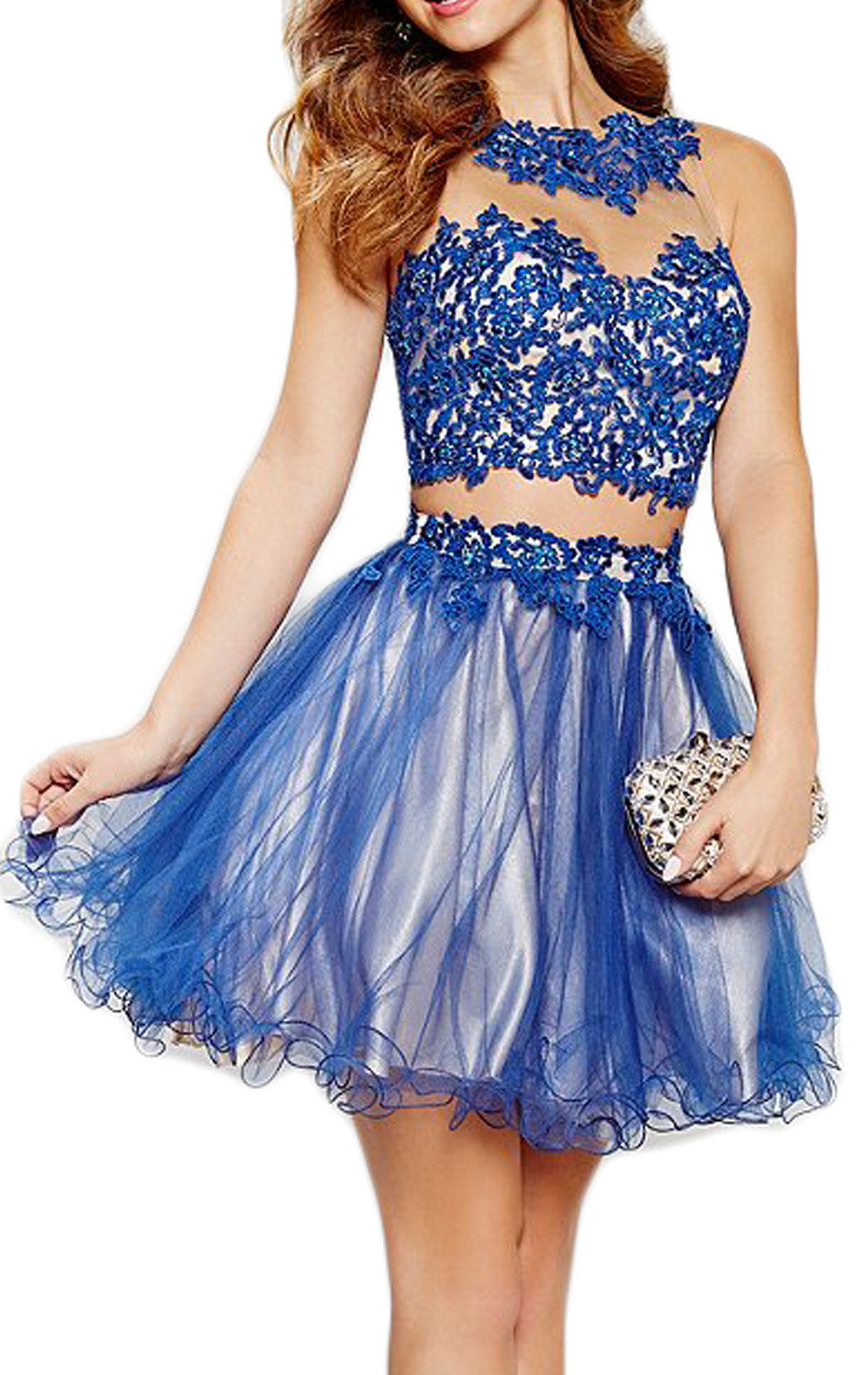 MACloth Straps Mini Prom Homecoming Dress Royal Blue Lace Formal Gown
