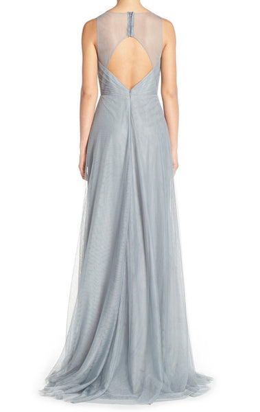 MACLoth Straps V Neck Tulle Long Bridesmaid Dress Simple Silver Prom Gown