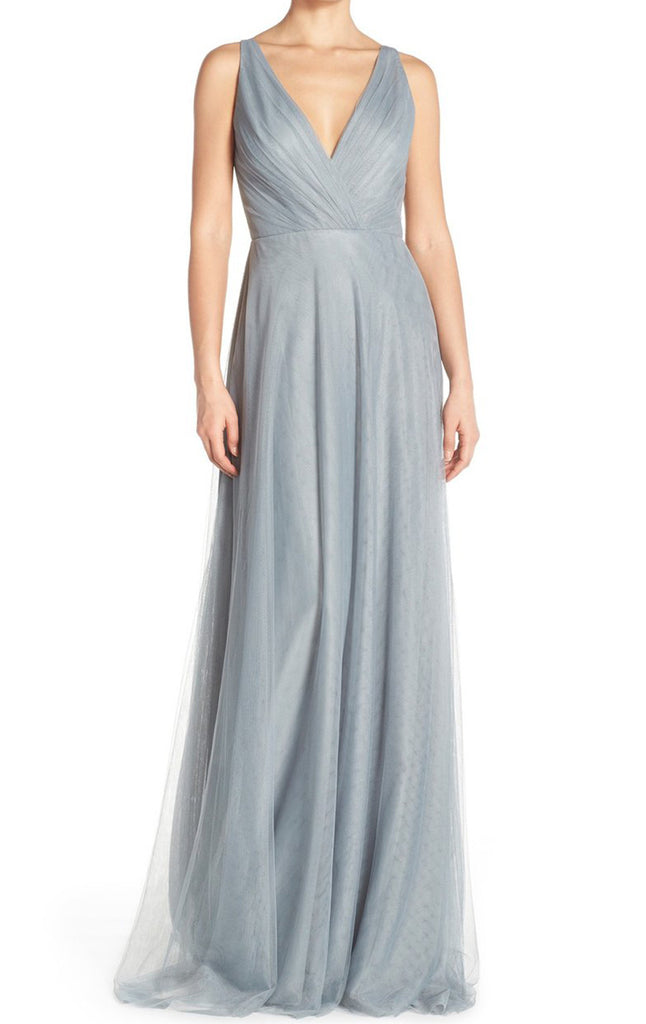 MACLoth Straps V Neck Tulle Long Bridesmaid Dress Simple Silver Prom Gown